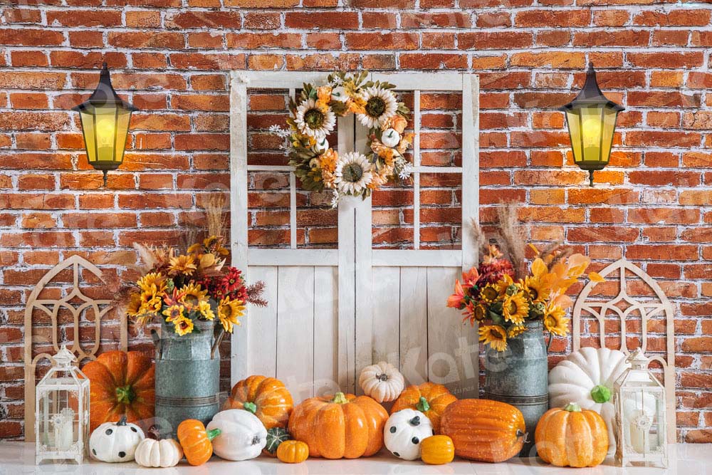 Kate Autumn Pumpkin Backdrop Brick Wall Designed by Emetselch - Kate Backdrop AU