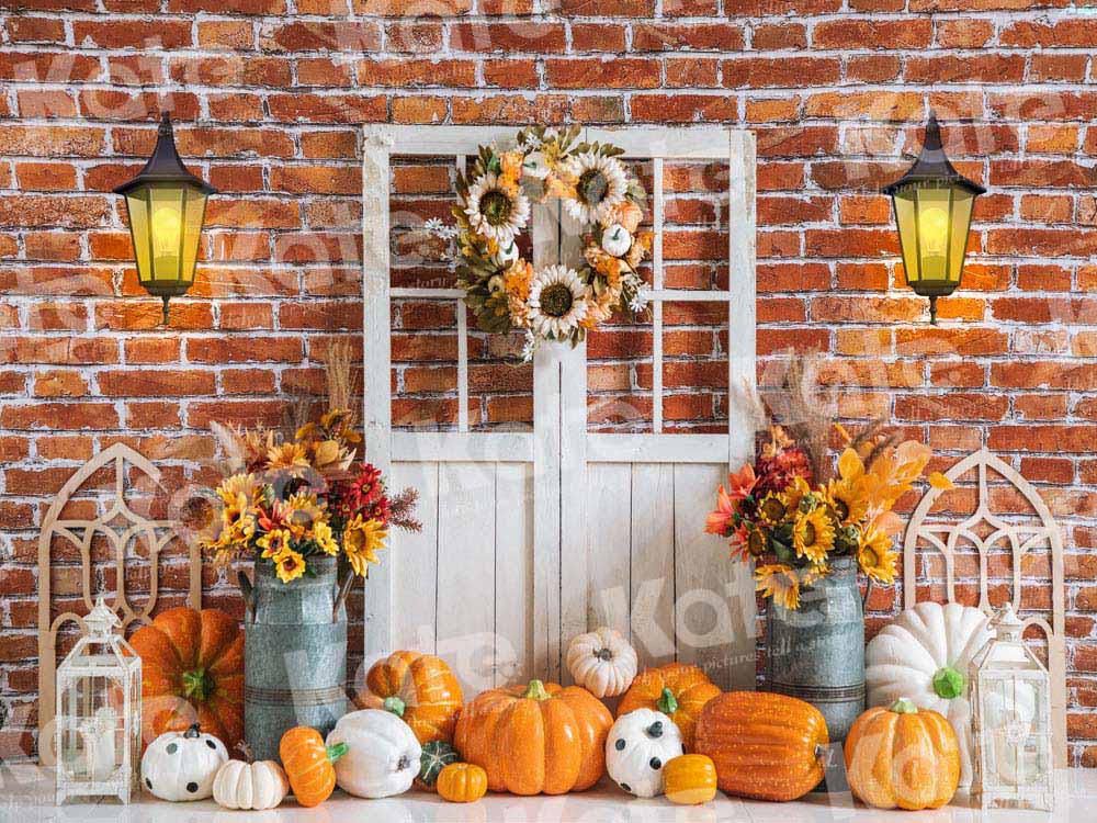 Kate Autumn Pumpkin Backdrop Brick Wall Designed by Emetselch - Kate Backdrop AU