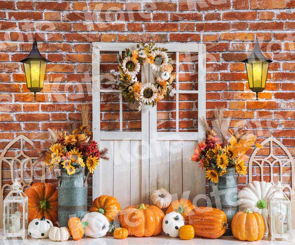 Kate Autumn Pumpkin Backdrop Brick Wall Designed by Emetselch - Kate Backdrop AU