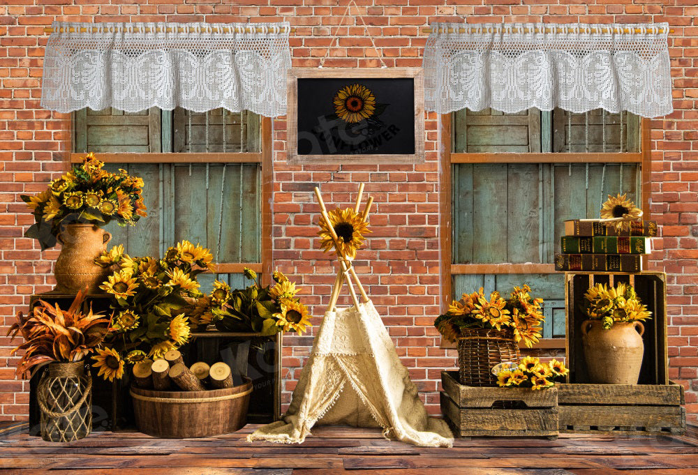 Kate Autumn Retro Backdrop Brick Wall Sunflower Tent for Photography - Kate Backdrop AU