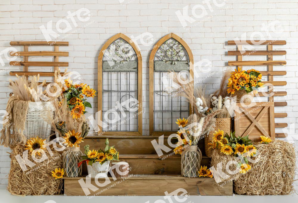 Kate Autumn Sunflower Wooden Window Backdrop Designed by Emetselch - Kate Backdrop AU