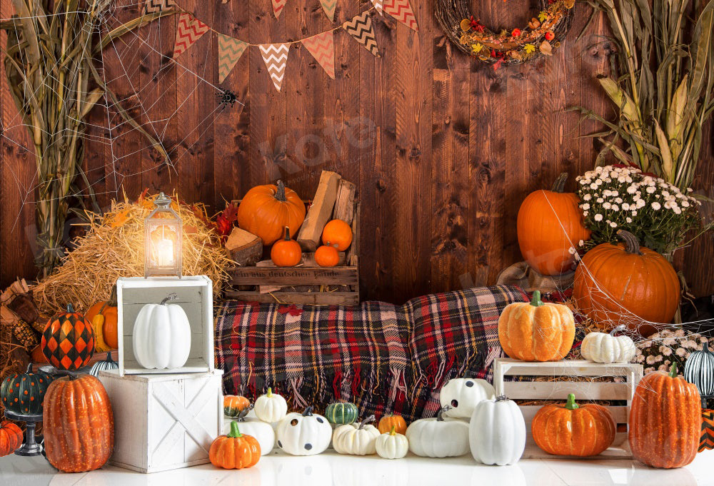 Kate Autumn Pumpkin Backdrop Wooden House Haystack Spider Web for Photography