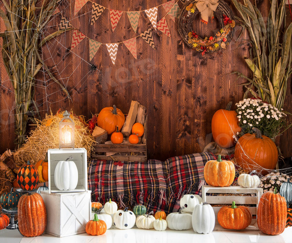 Kate Autumn Pumpkin Backdrop Wooden House Haystack Spider Web for Photography
