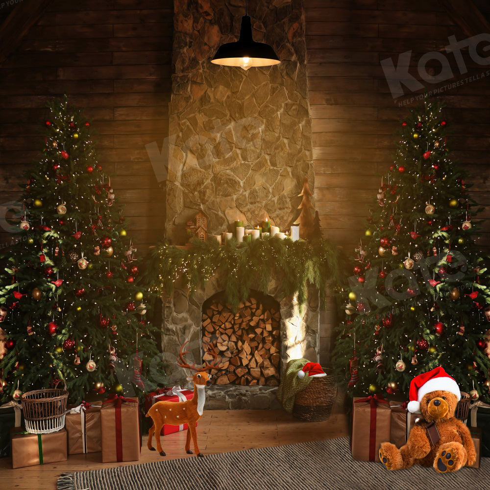 Kate Christmas Tree Fireplace Indoor Backdrop for Photography
