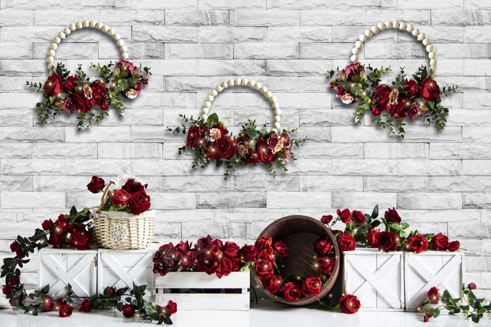 Kate Valentine's Day Rose Selling White Brick Wall Backdrop for Photography - Kate Backdrop AU