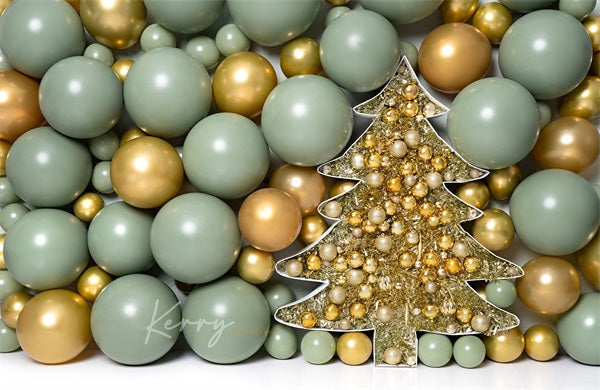 Kate Christmas Tree Balloon Wall Backdrop Gold Green Sage for Photography Designed by Kerry Anderson