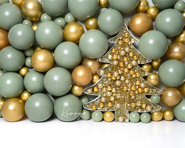 Kate Christmas Tree Balloon Wall Backdrop Gold Green Sage for Photography Designed by Kerry Anderson