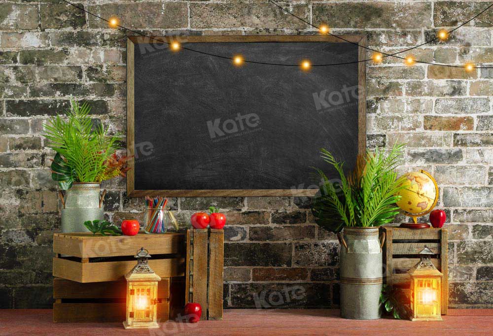 Kate School Season Backdrop Brick Wall Apple Blackboard Designed by Emetselch - Kate Backdrop AU