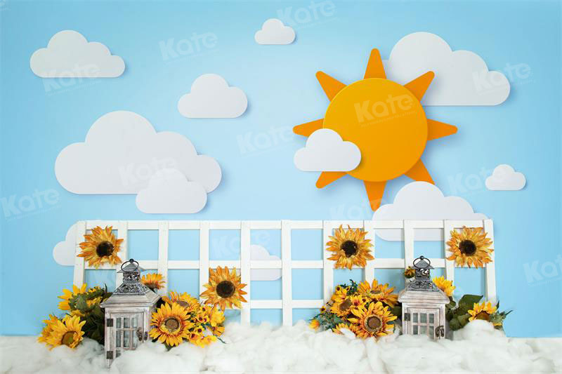Kate Autumn Sun Fence Sunflower Cloud Sky Backdrop for Photography