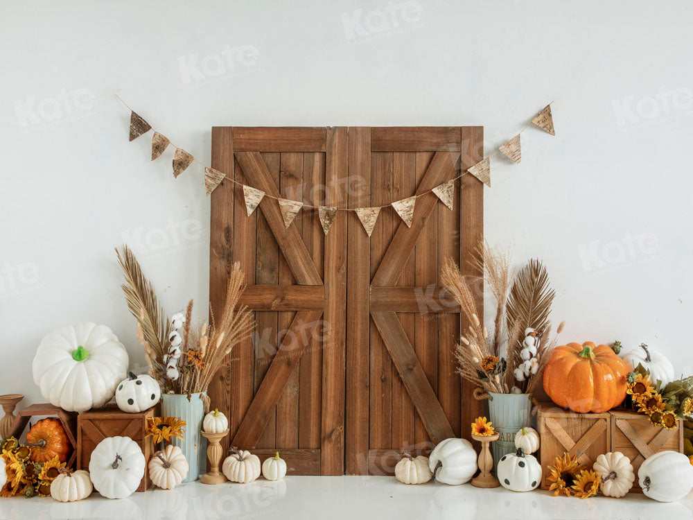 Kate Autumn Thanksgiving Pumpkin Barn Door Backdrop Designed by Emetselch - Kate Backdrop AU