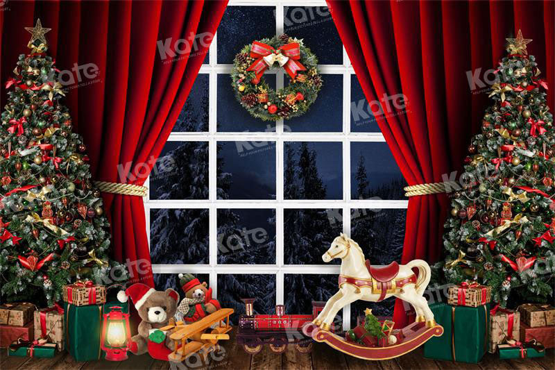 Kate Christmas Window Backdrop Trojan Horse Red Curtain for Photography