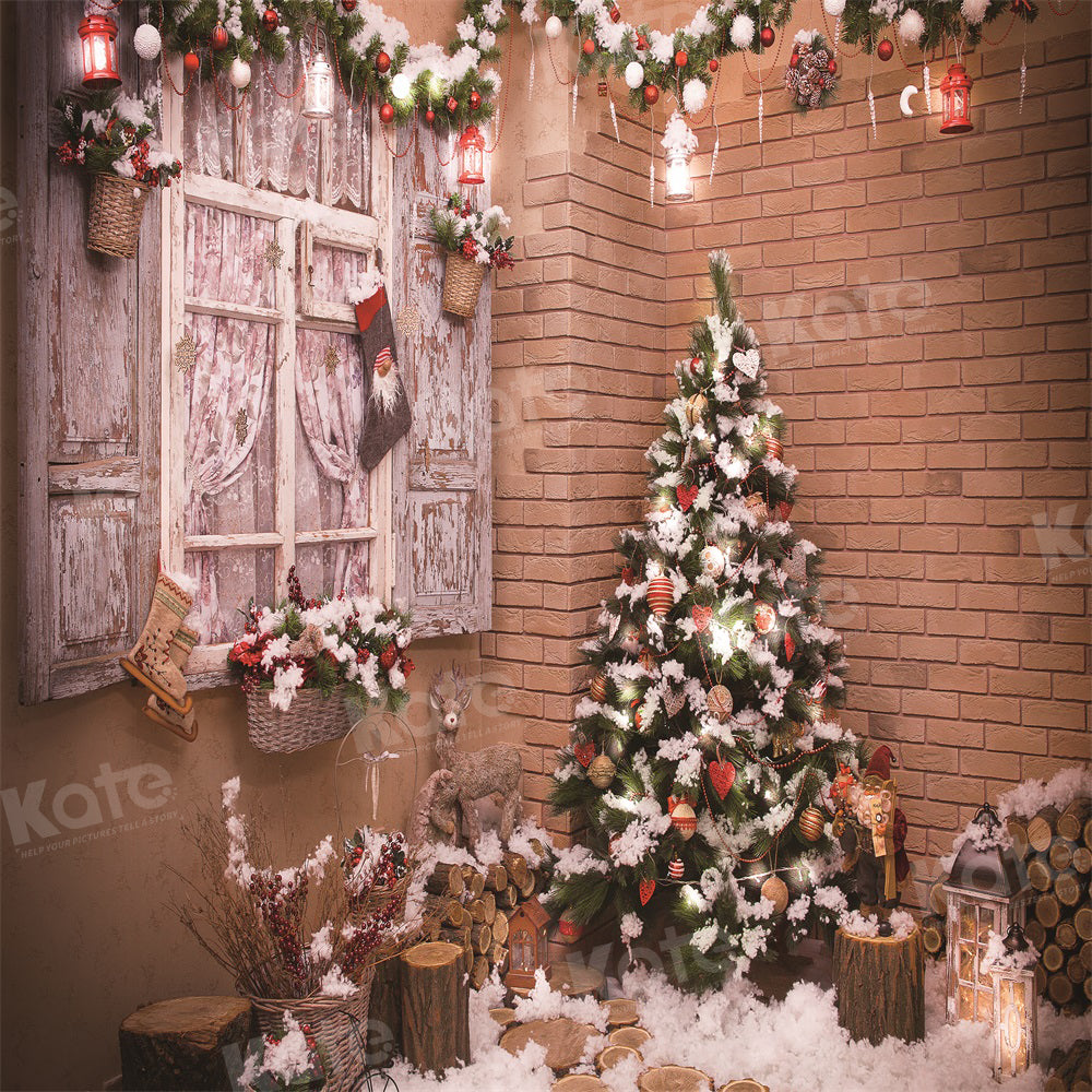 Kate Christmas Backdrop Corner Snow Tree Wood Window for Photography - Kate Backdrop AU