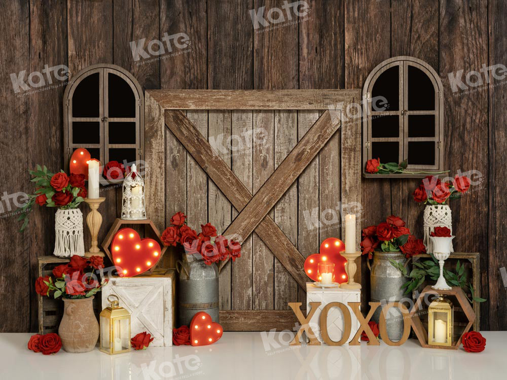 Kate Spring Valentine's Day Backdrop Rose Indoor Wood Grain Designed by Emetselch - Kate Backdrop AU