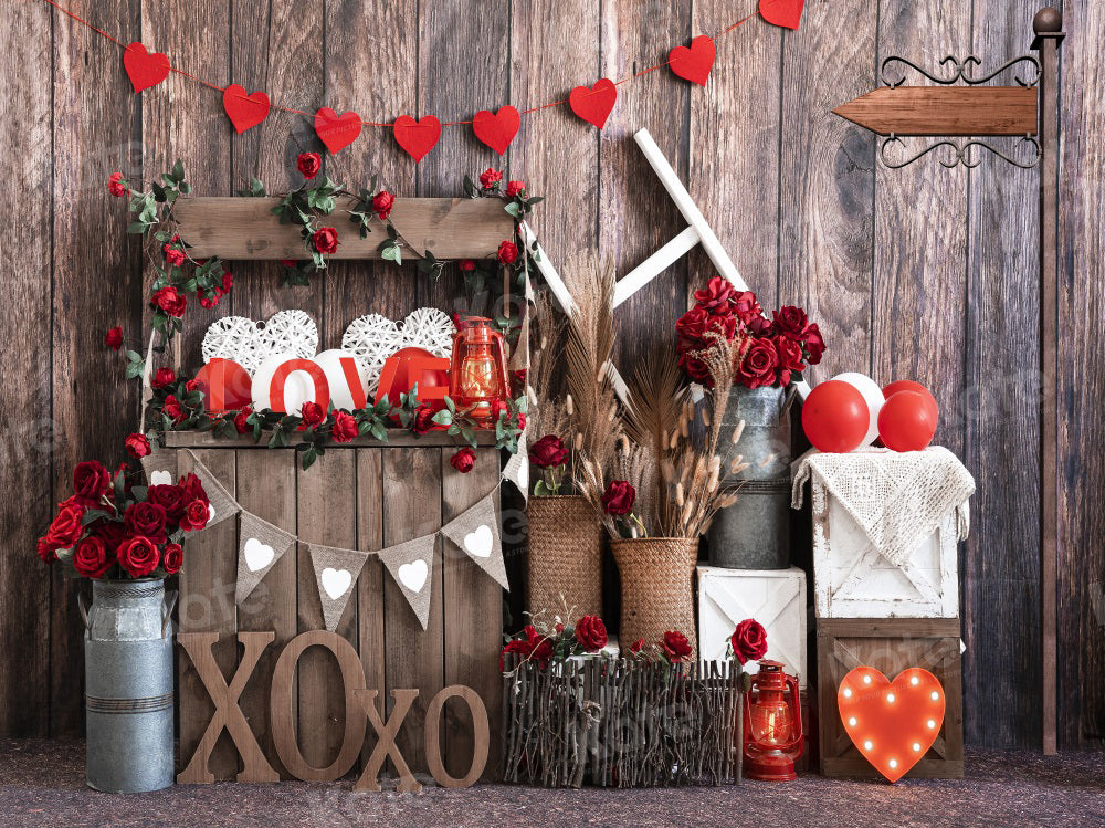 Kate Valentine's Day Vintage Wood XOXO Rose Store Backdrop for Photography - Kate Backdrop AU