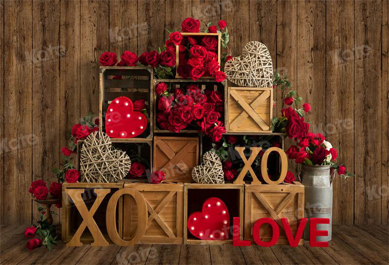 Kate Valentine's Day XOXO Rose Retro Wood Backdrop for Photography - Kate Backdrop AU