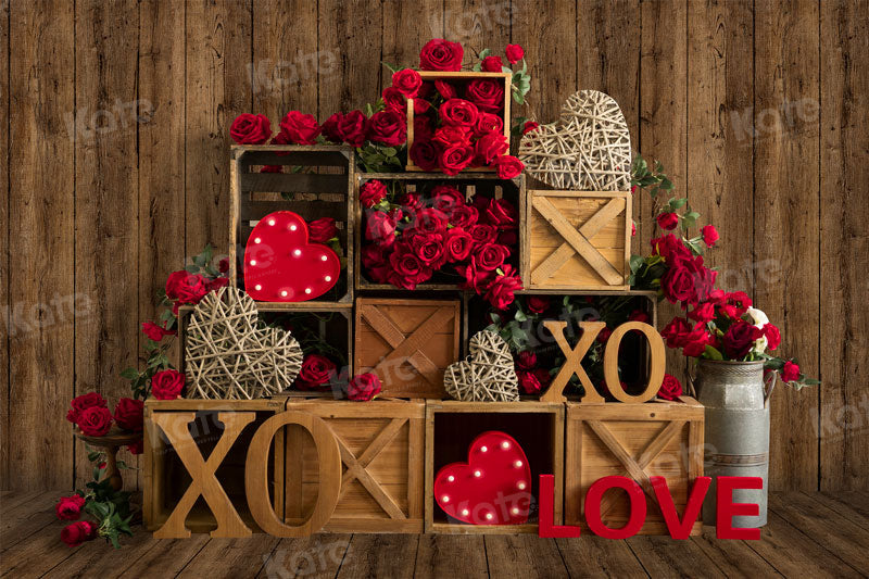 Kate Valentine's Day XOXO Rose Retro Wood Backdrop for Photography - Kate Backdrop AU
