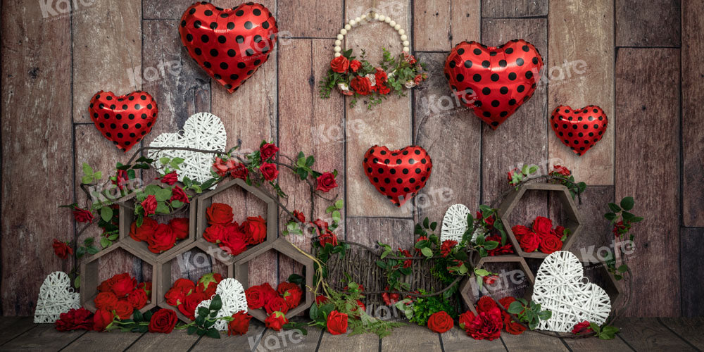 Kate Valentine's Day Rose Backdrop Love Balloon Wood Designed by Emetselch