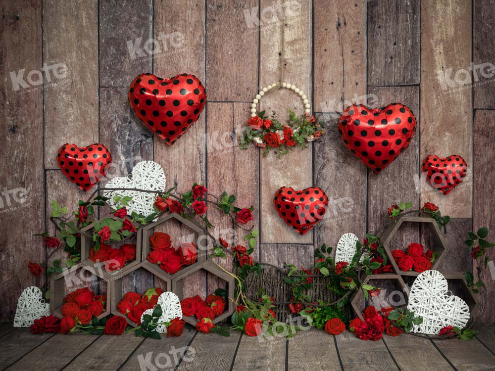 Kate Valentine's Day Rose Backdrop Love Balloon Wood Designed by Emetselch - Kate Backdrop AU