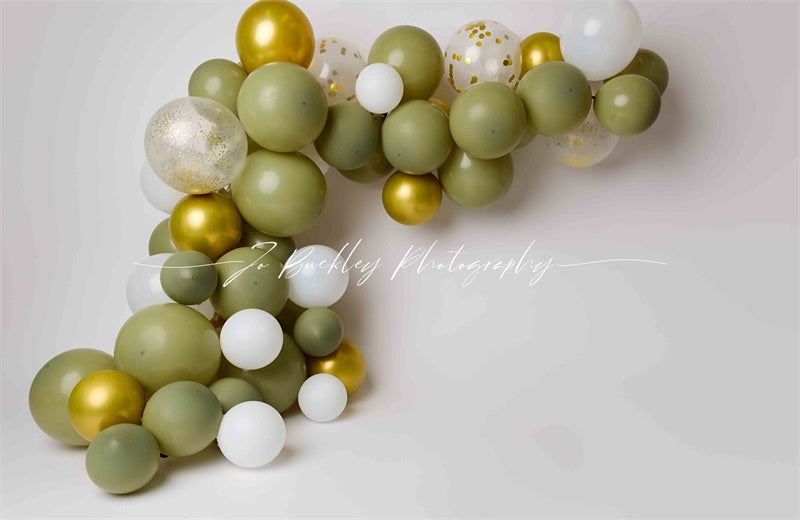 Kate Gold Green Balloons Backdrop Cake Smash Designed by Jo Buckley Photography