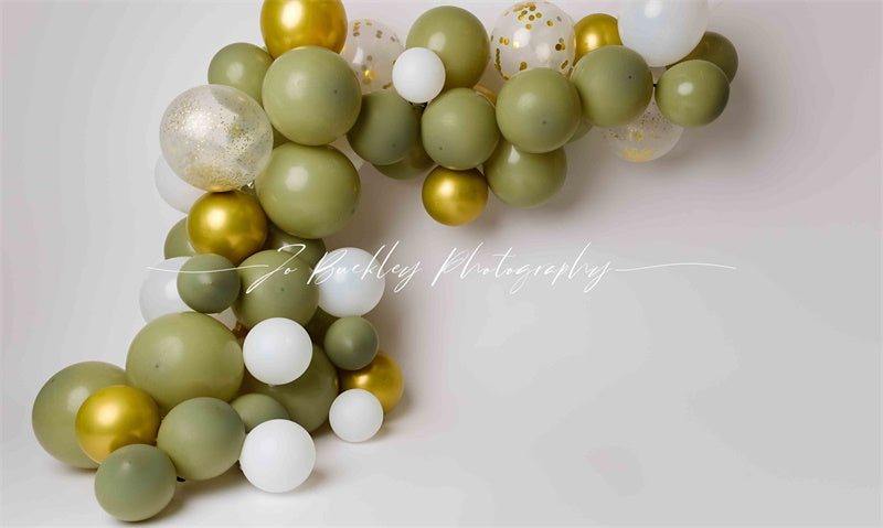 Kate Gold Green Balloons Backdrop Cake Smash Designed by Jo Buckley Photography - Kate Backdrop AU