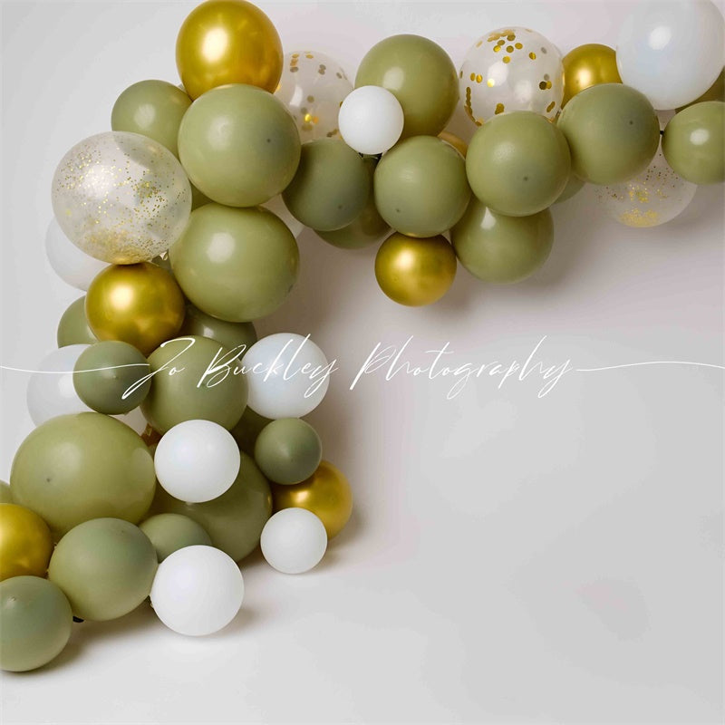 Kate Gold Green Balloons Backdrop Cake Smash Designed by Jo Buckley Photography - Kate Backdrop AU
