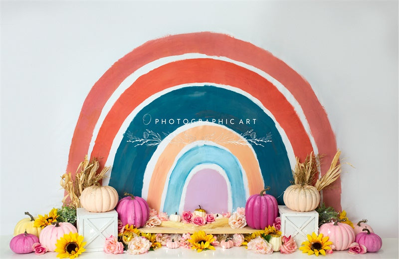 Kate Fall Rainbow Backdrop Flowers Cake Smash for Photography Designed by Jenna Onyia - Kate Backdrop AU