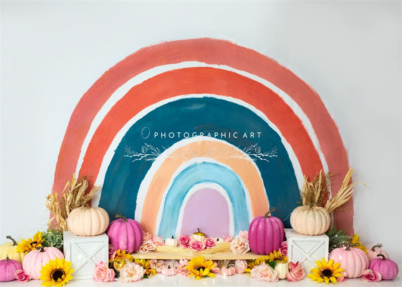 Kate Fall Rainbow Backdrop Flowers Cake Smash for Photography Designed by Jenna Onyia - Kate Backdrop AU