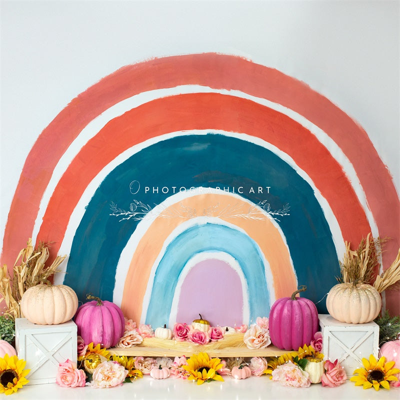 Kate Fall Rainbow Backdrop Flowers Cake Smash for Photography Designed by Jenna Onyia - Kate Backdrop AU