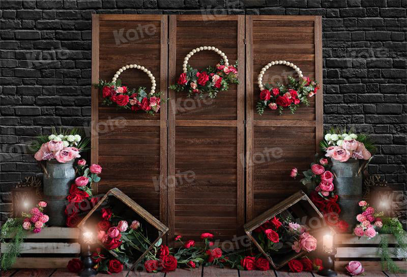 Kate Spring Rose Backdrop Flower Retro Black Brick Wall for Photography