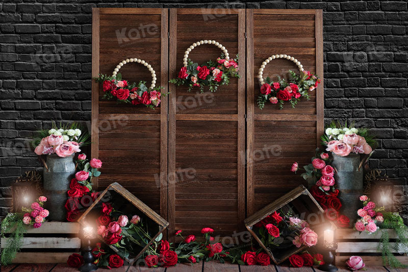 Kate Spring Rose Backdrop Flower Retro Black Brick Wall for Photography