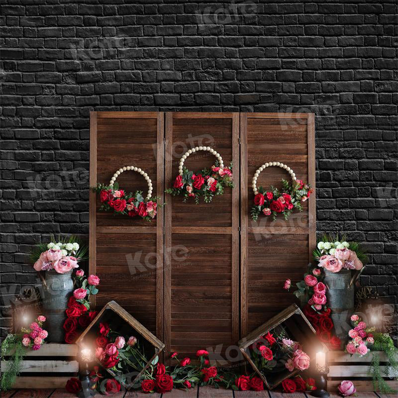 Kate Spring Rose Backdrop Flower Retro Black Brick Wall for Photography