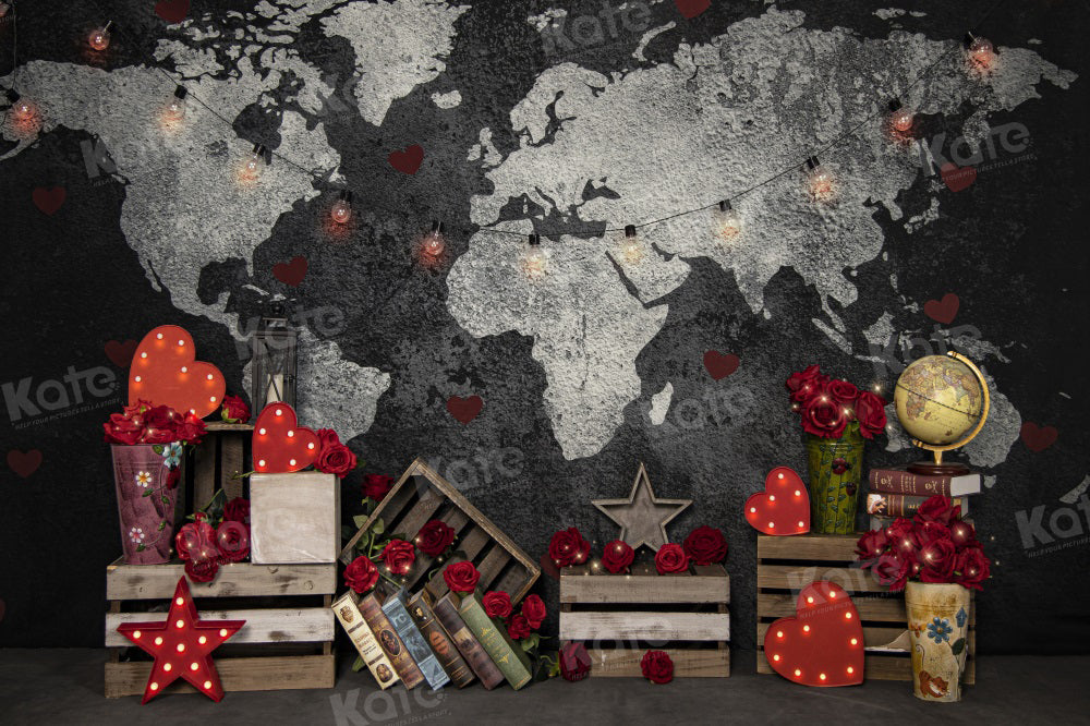Kate Valentine's Day Backdrop World Map Travel for Photography - Kate Backdrop AU
