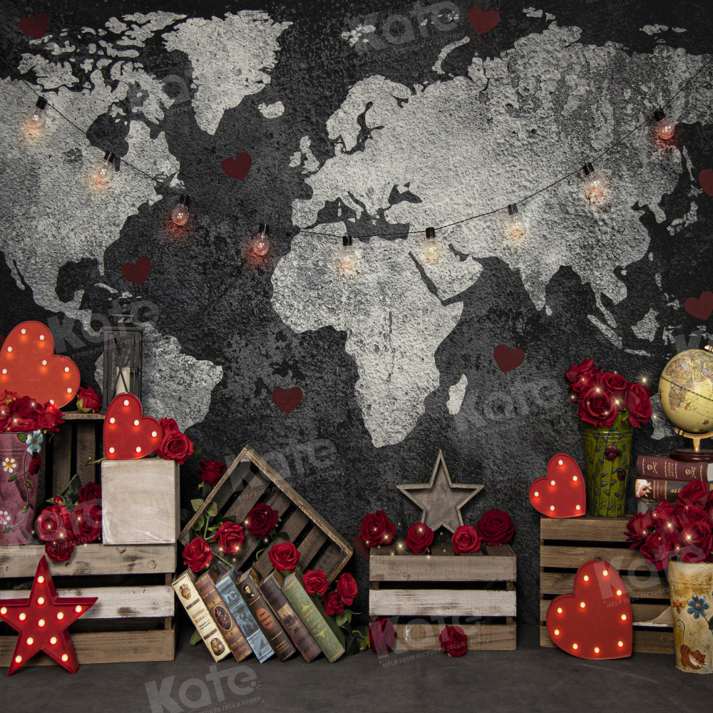 Kate Valentine's Day Backdrop World Map Travel for Photography - Kate Backdrop AU