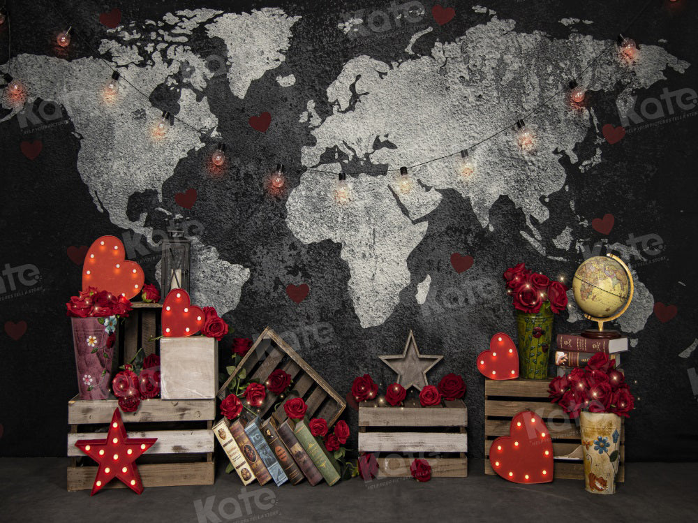 Kate Valentine's Day Backdrop World Map Travel for Photography - Kate Backdrop AU