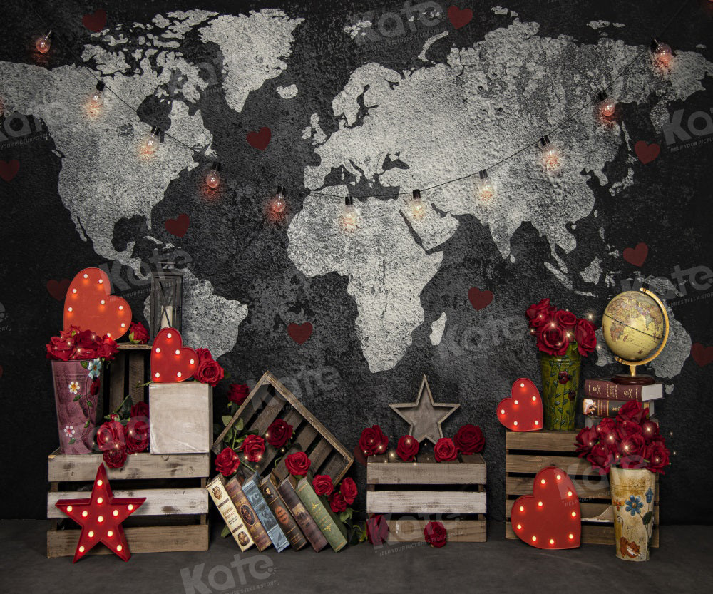 Kate Valentine's Day Backdrop World Map Travel for Photography - Kate Backdrop AU