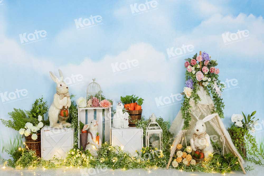 Kate Easter Bunny Camp Backdrop Blue Sky Designed by Emetselch