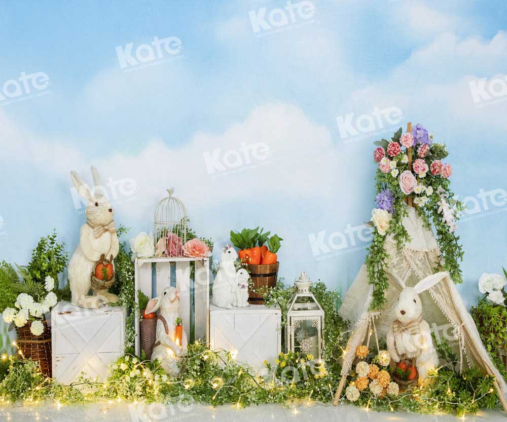 Kate Easter Bunny Camp Backdrop Blue Sky Designed by Emetselch