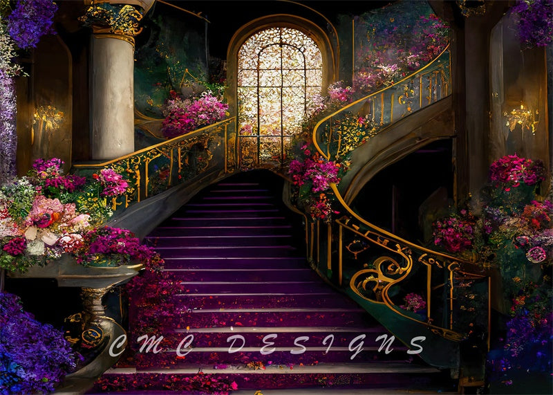 Kate Gorgeous Stairs Elegant Backdrop Purple Flower Spring Golden Window Designed by Candice Compton
