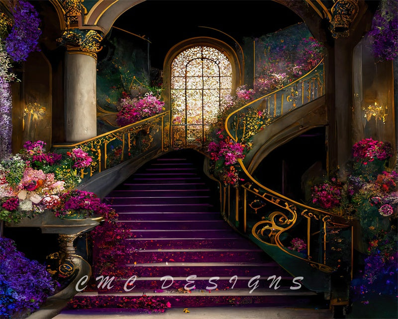 Kate Gorgeous Stairs Elegant Backdrop Purple Flower Spring Golden Window Designed by Candice Compton