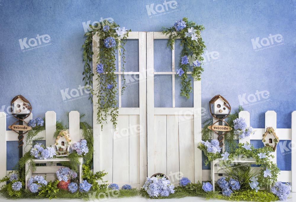 Kate Blue Flowers Spring Backdrop Barn Door Designed by Emetselch - Kate Backdrop AU