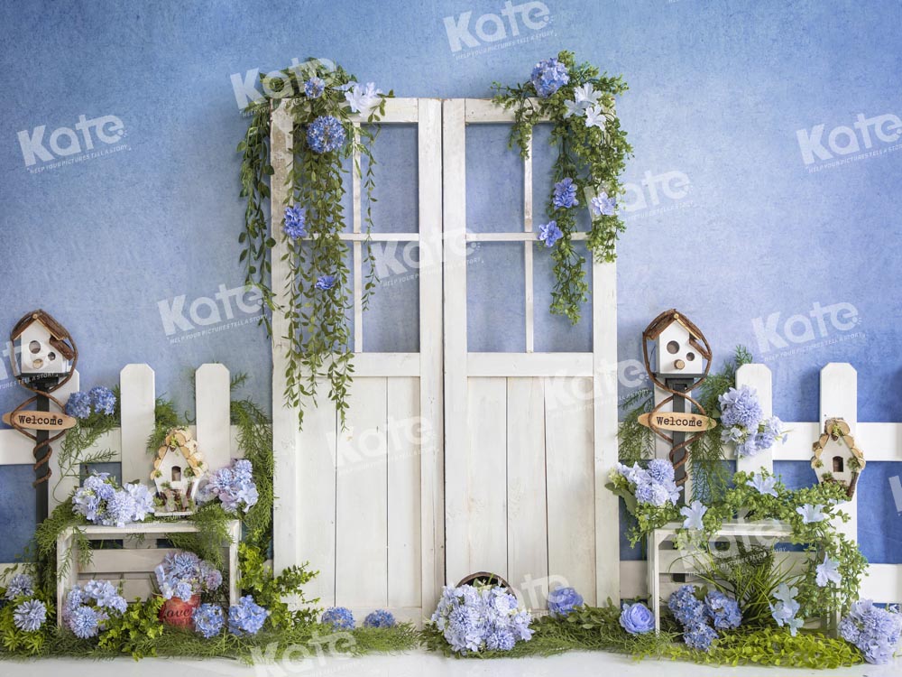 Kate Blue Flowers Spring Backdrop Barn Door Designed by Emetselch - Kate Backdrop AU