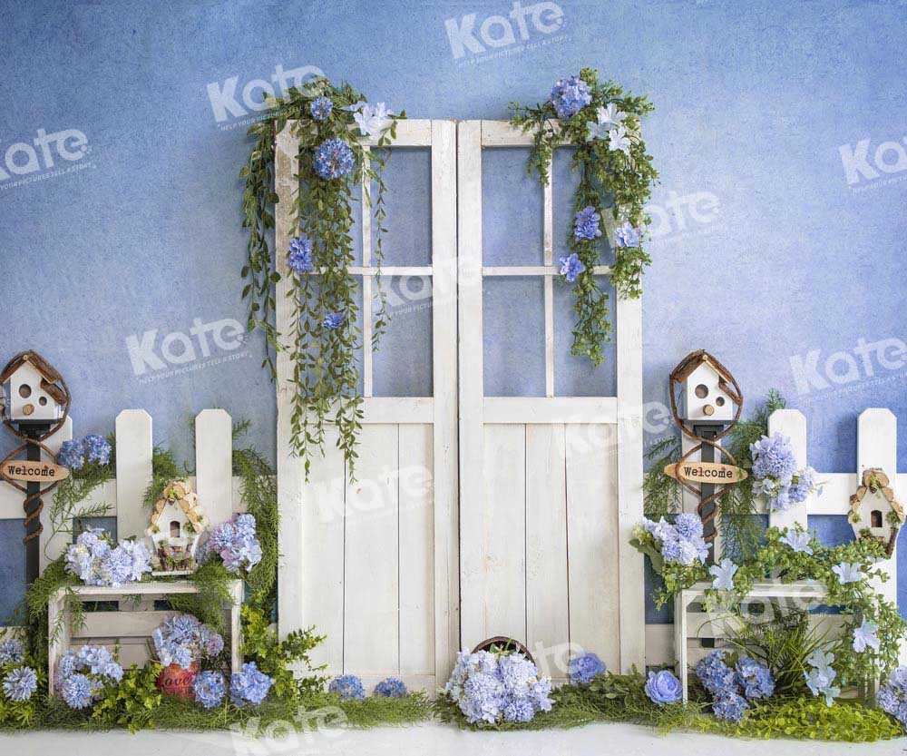 Kate Blue Flowers Spring Backdrop Barn Door Designed by Emetselch - Kate Backdrop AU
