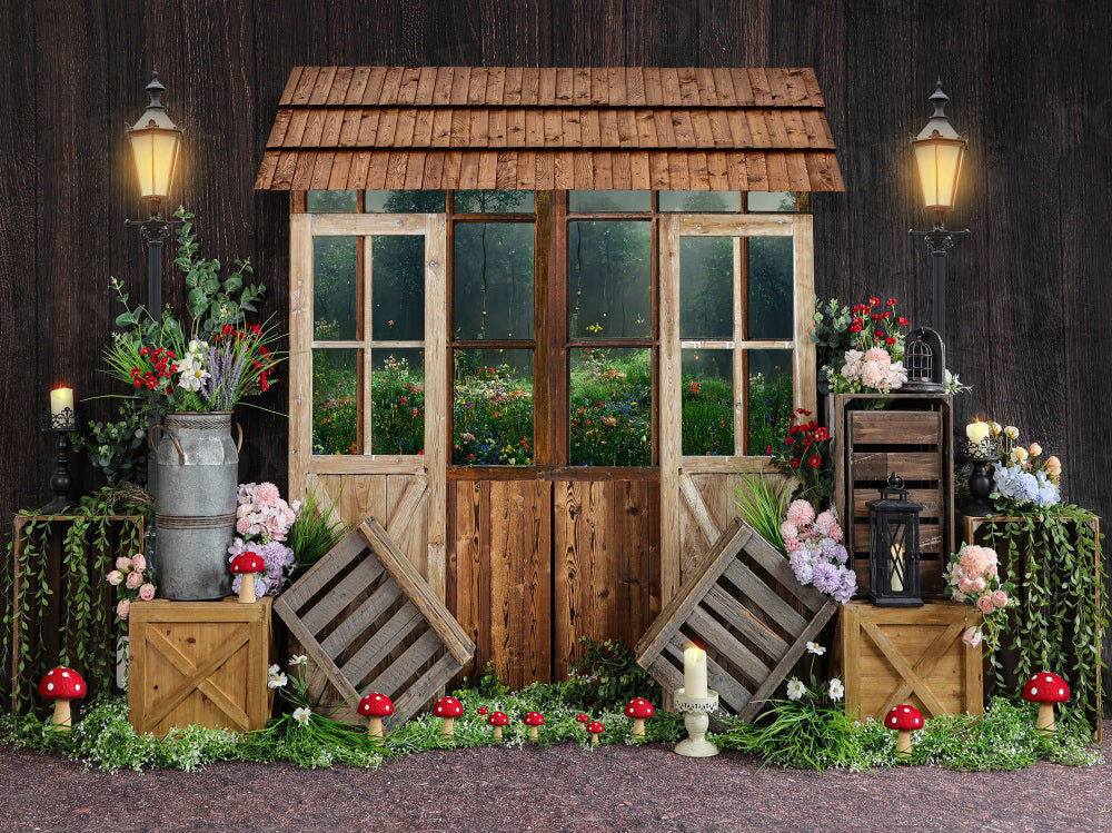 Kate Spring Wooden House Backdrop Mushroom Flower for Photography - Kate Backdrop AU