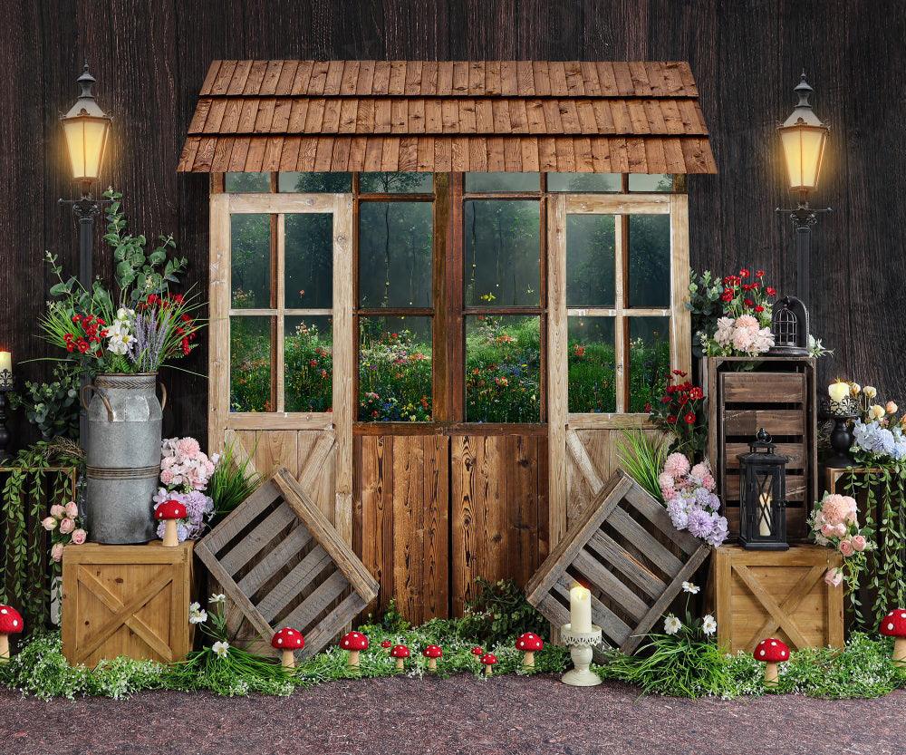 Kate Spring Wooden House Backdrop Mushroom Flower for Photography - Kate Backdrop AU