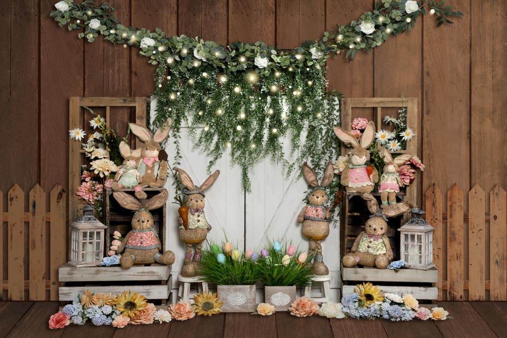 Kate Easter Bunny Backdrop Barn Door Green Plants Designed by Emetselch - Kate Backdrop AU