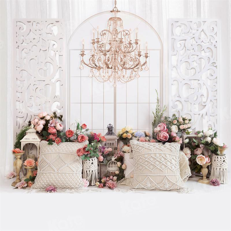 Kate Spring Flower Boho Backdrop Chandelier Pillow Window for Photography
