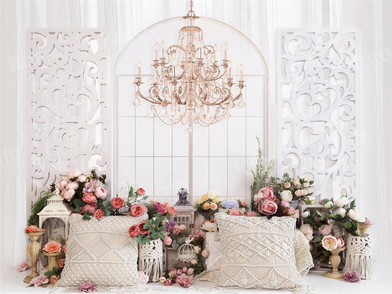 Kate Spring Flower Boho Backdrop Chandelier Pillow Window for Photography - Kate Backdrop AU