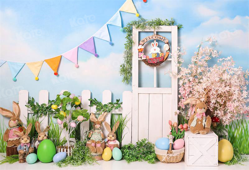 Kate Easter Bunny Backdrop Eggs Blue Sky for Photography