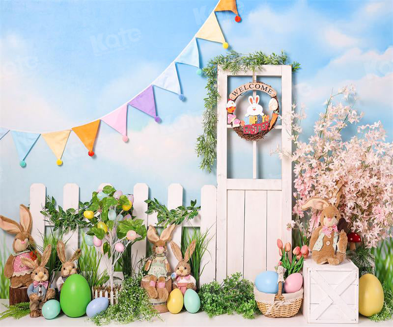 Kate Easter Bunny Backdrop Eggs Blue Sky for Photography