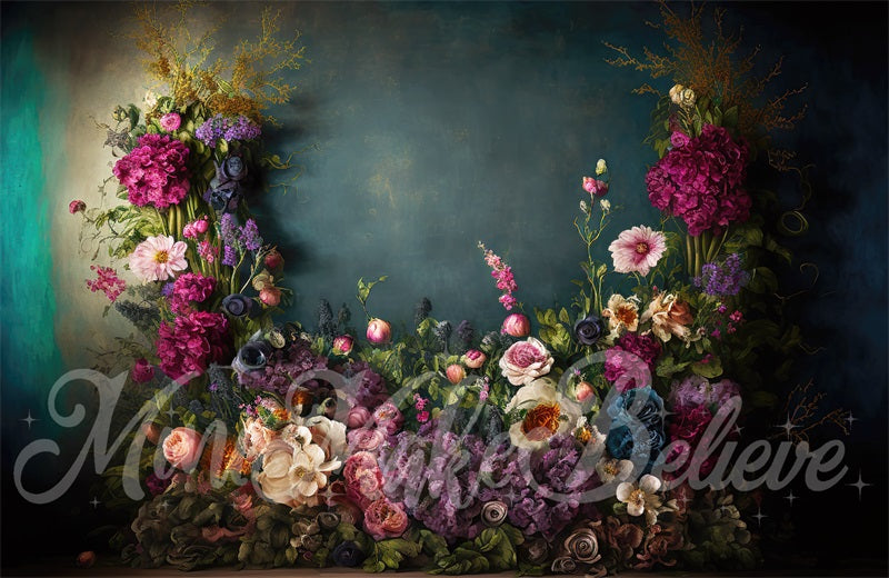 Kate Fine Art Backdrop Oil Painterly Floral Dark Teal Designed by Mini MakeBelieve - Kate Backdrop AU